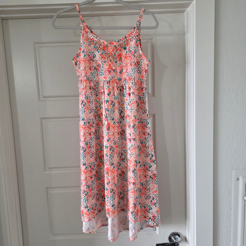 Lucky‎ Brand Women Coral Teal Geometric Tribal Print Sequin Embroidered Dress